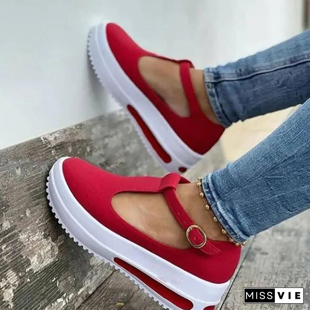 Women Summer Retro Buckle Round Head Wedge Platform Slip-On Sandals Solid Color Slipper Shake Shoes