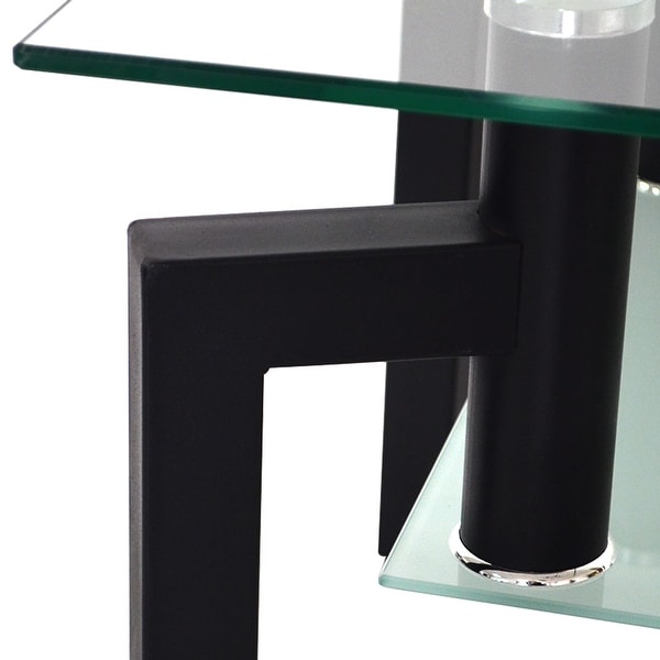 Rectangle Coffee Table 2-Tier Storage Side Table Black Tempered Glass Tabletop Center Table with Metal Tube Legs