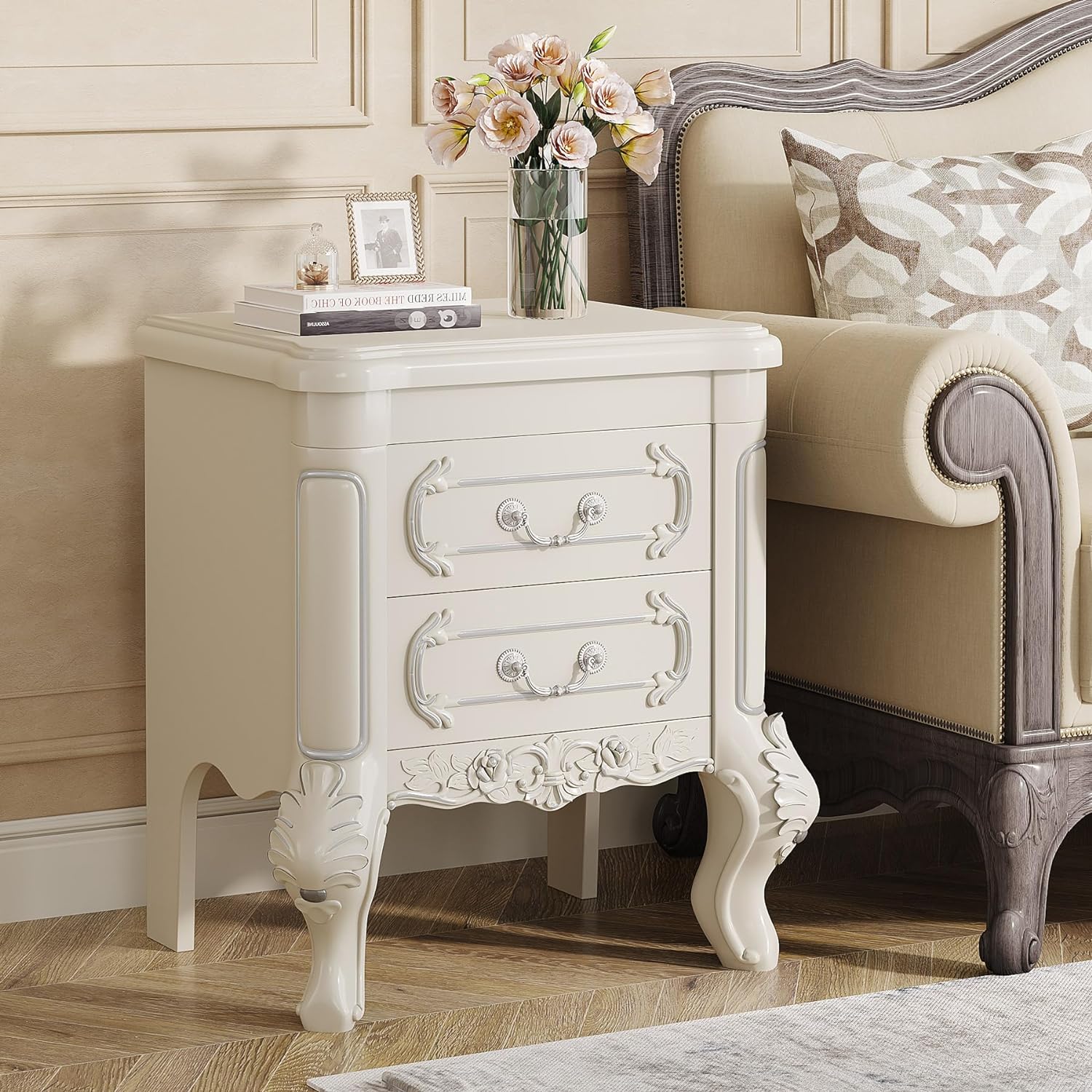 Carved Nightstand, White Bedside Table End Table with 2 Drawers