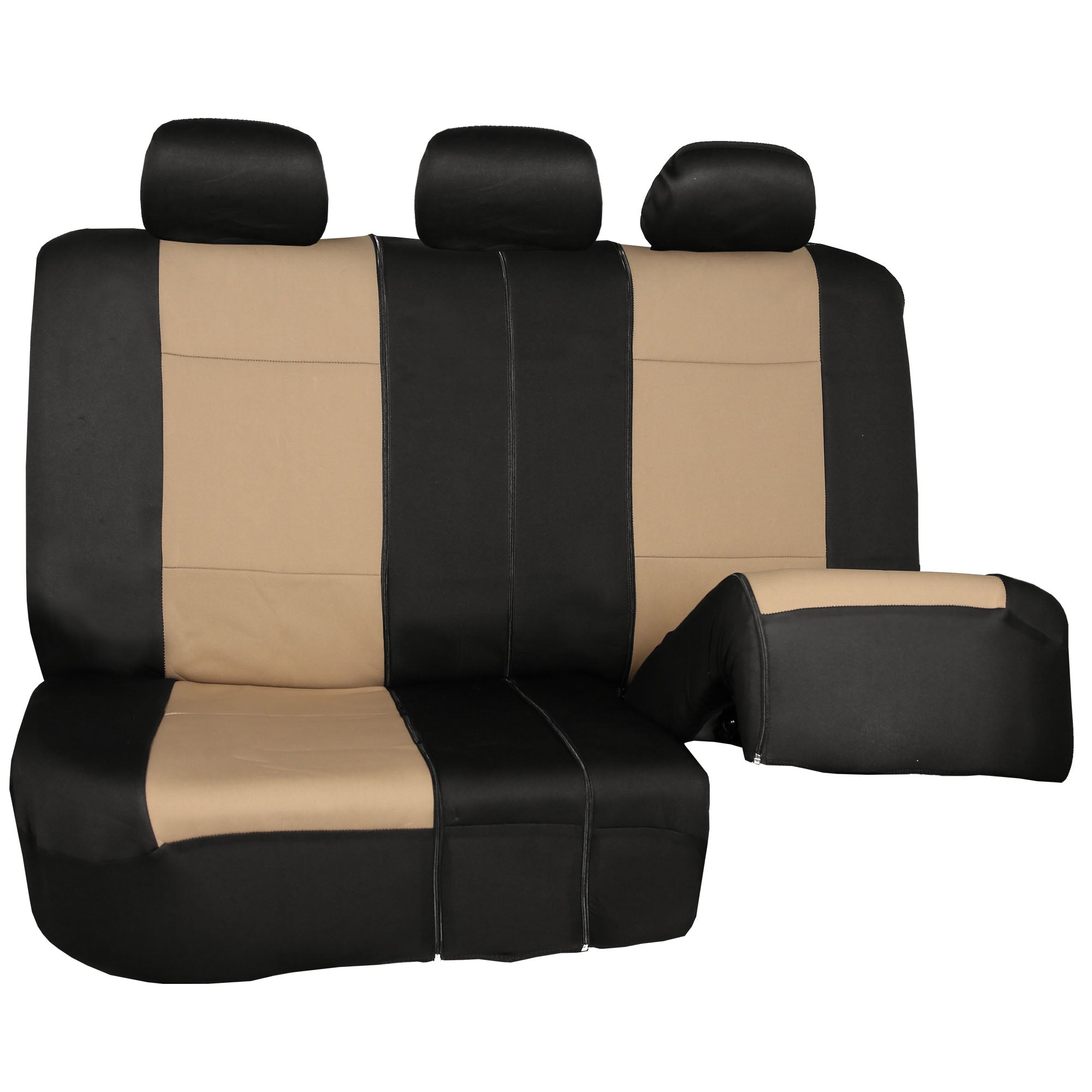 FH Group Neoprene 3 Row Car Seat Covers For SUV， Airbag Ready Split Bench 7 Seater， Beige Black with Free Air Freshener