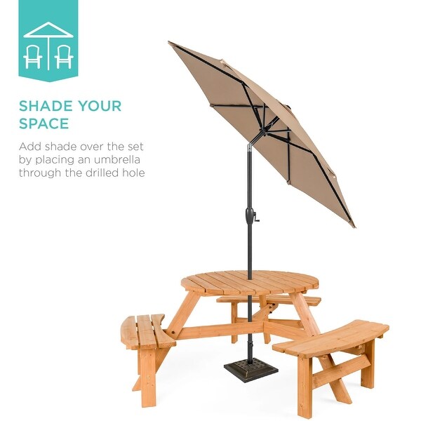 6Person Circular Wooden Picnic Table w/ Umbrella Hole，3 Benches