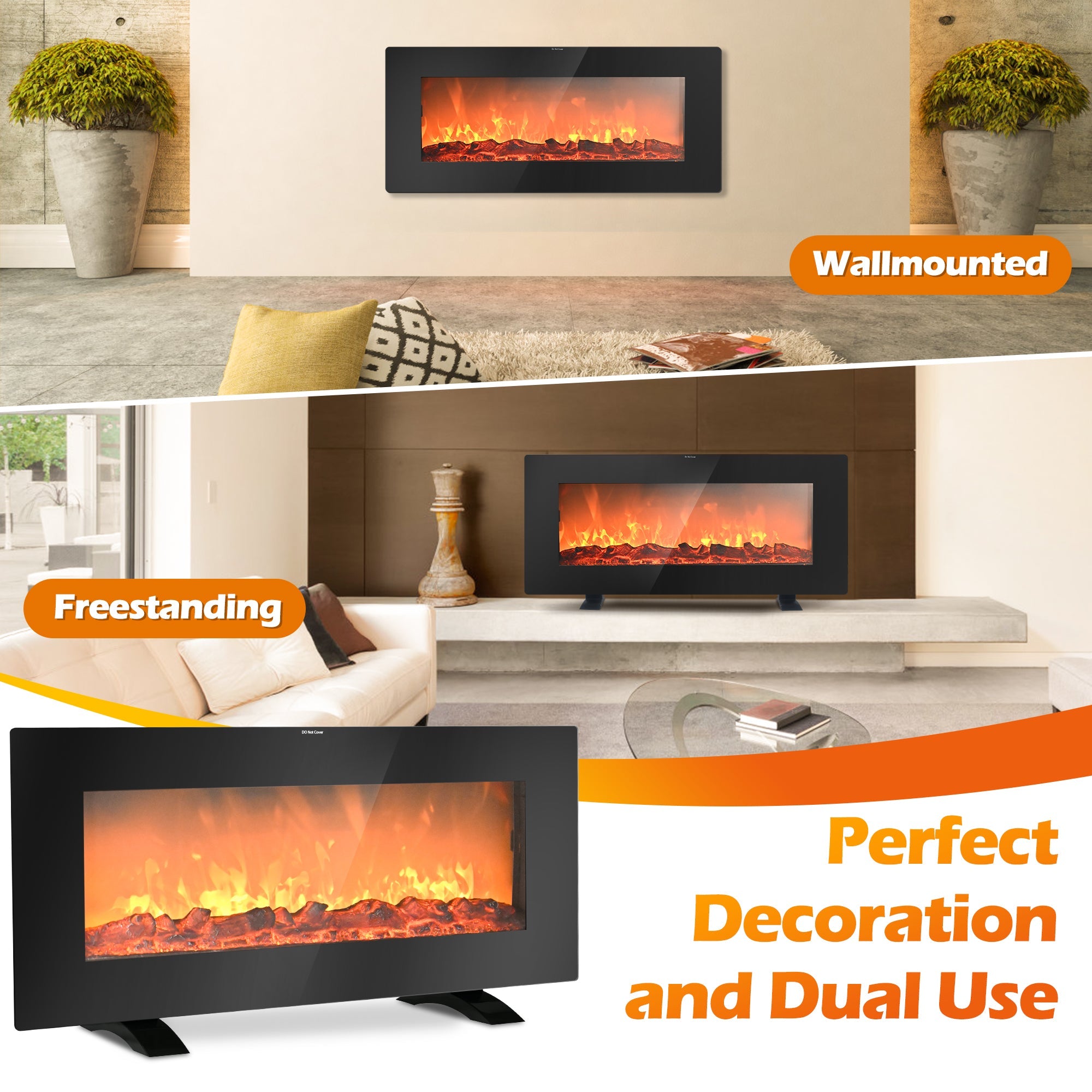 Lifeplus 36" 1500-Watt Freestanding/Wall-Mounted Electric Fireplace Heater, Black