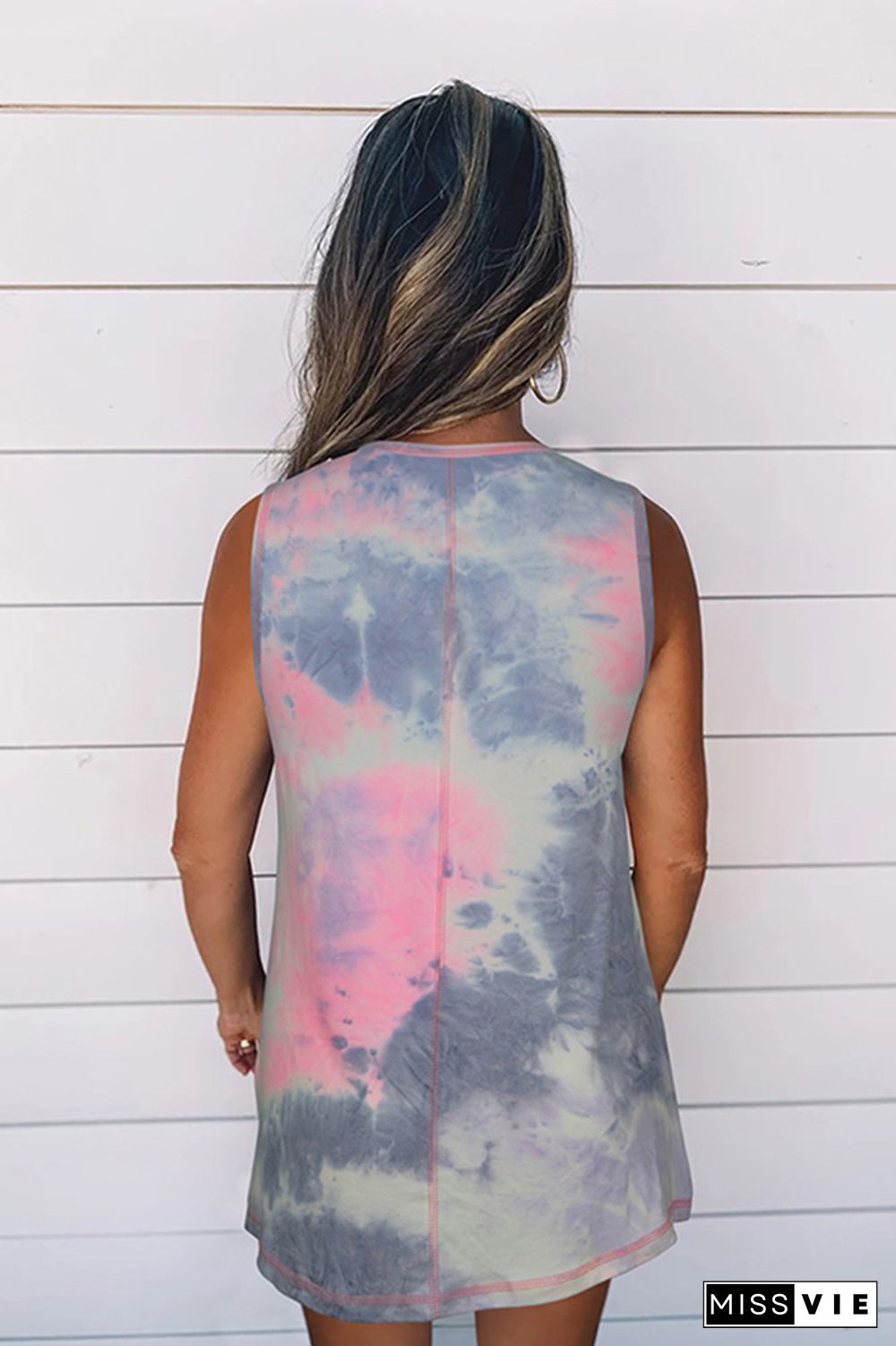 Pink Tie-Dye Round Collar Tank Top