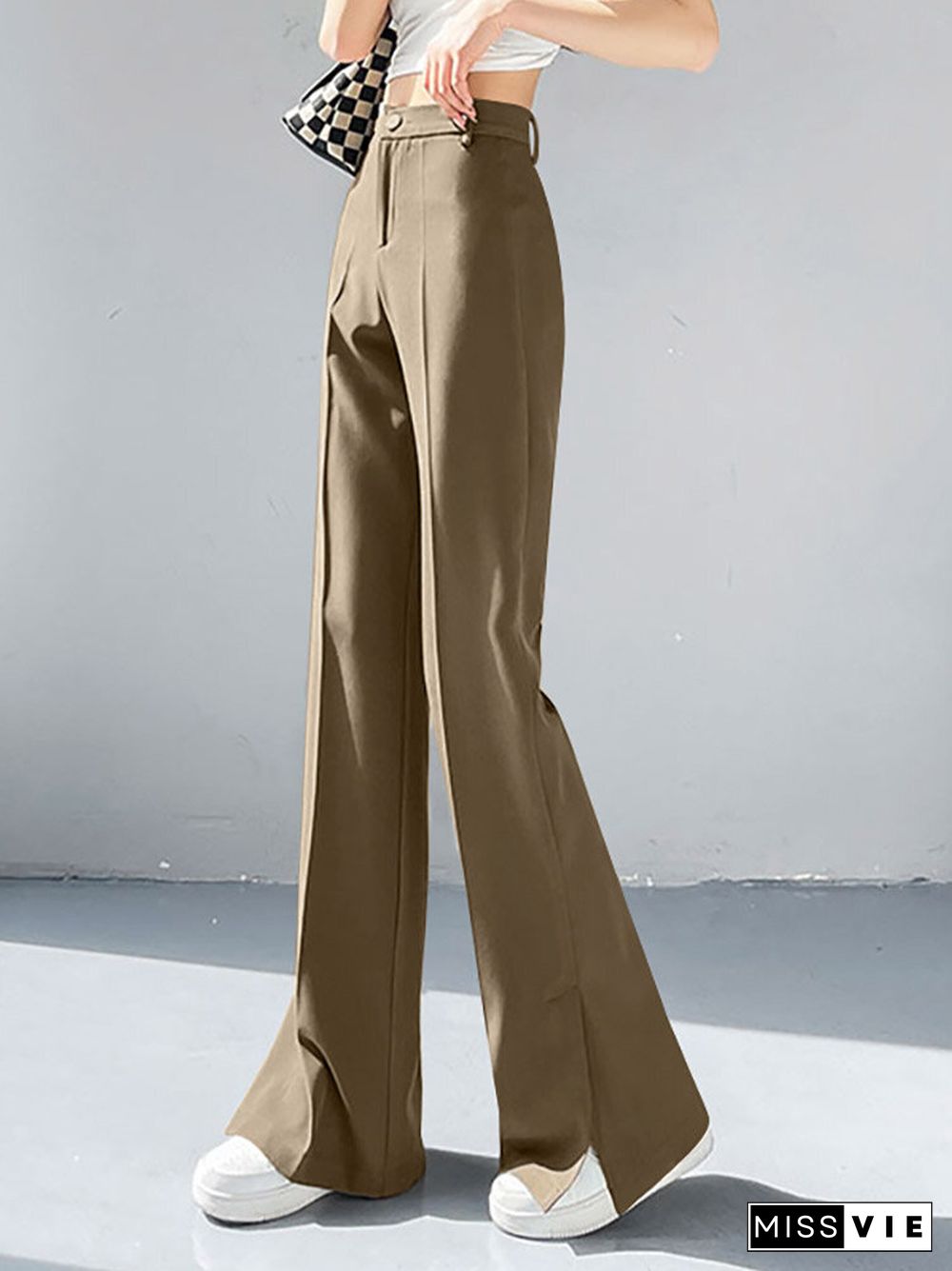 High Waist Solid Double Slit Hem Casual Pants