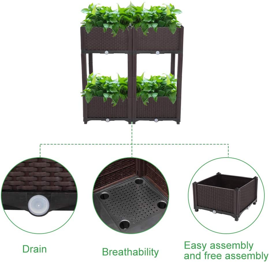 YELROL Raised Garden Beds Outdoor  4Pcs Elevated Planter Box for Outdoor Plants Growing  Planter Raised Beds for Vegetables Flowers Herbs Planting in Patio Balcony (Brown)