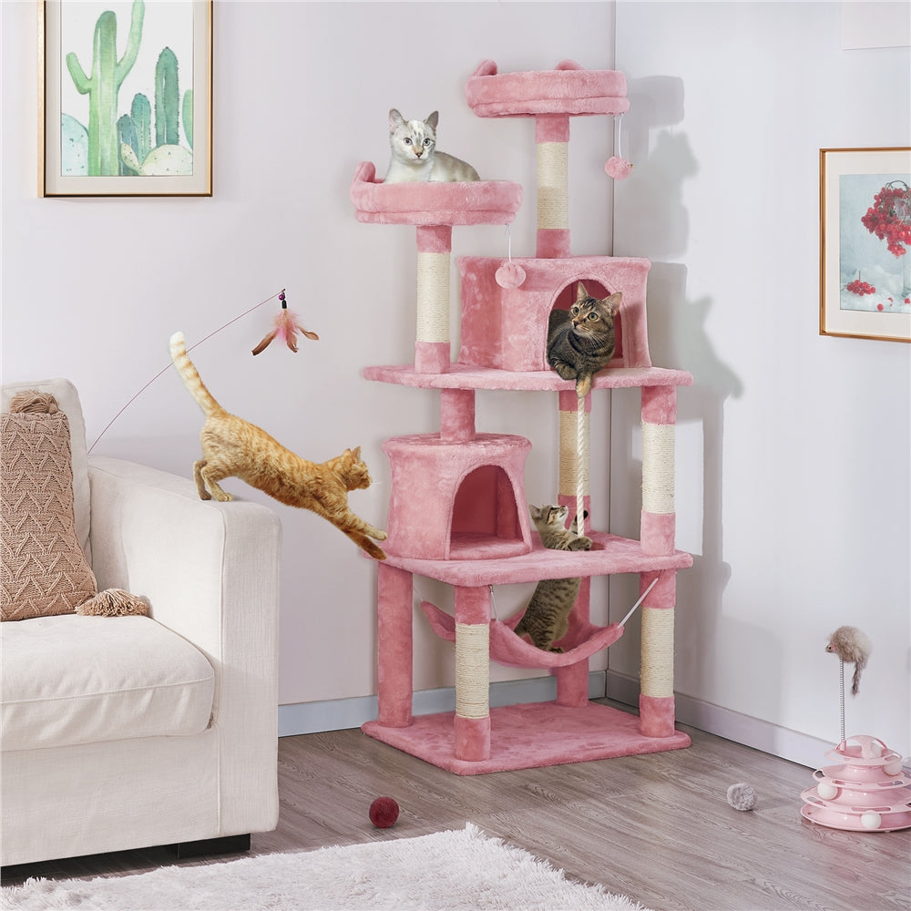 SMILE MART 62.2" Double Condos Cat Tree and Scratching Post Tower, Pink