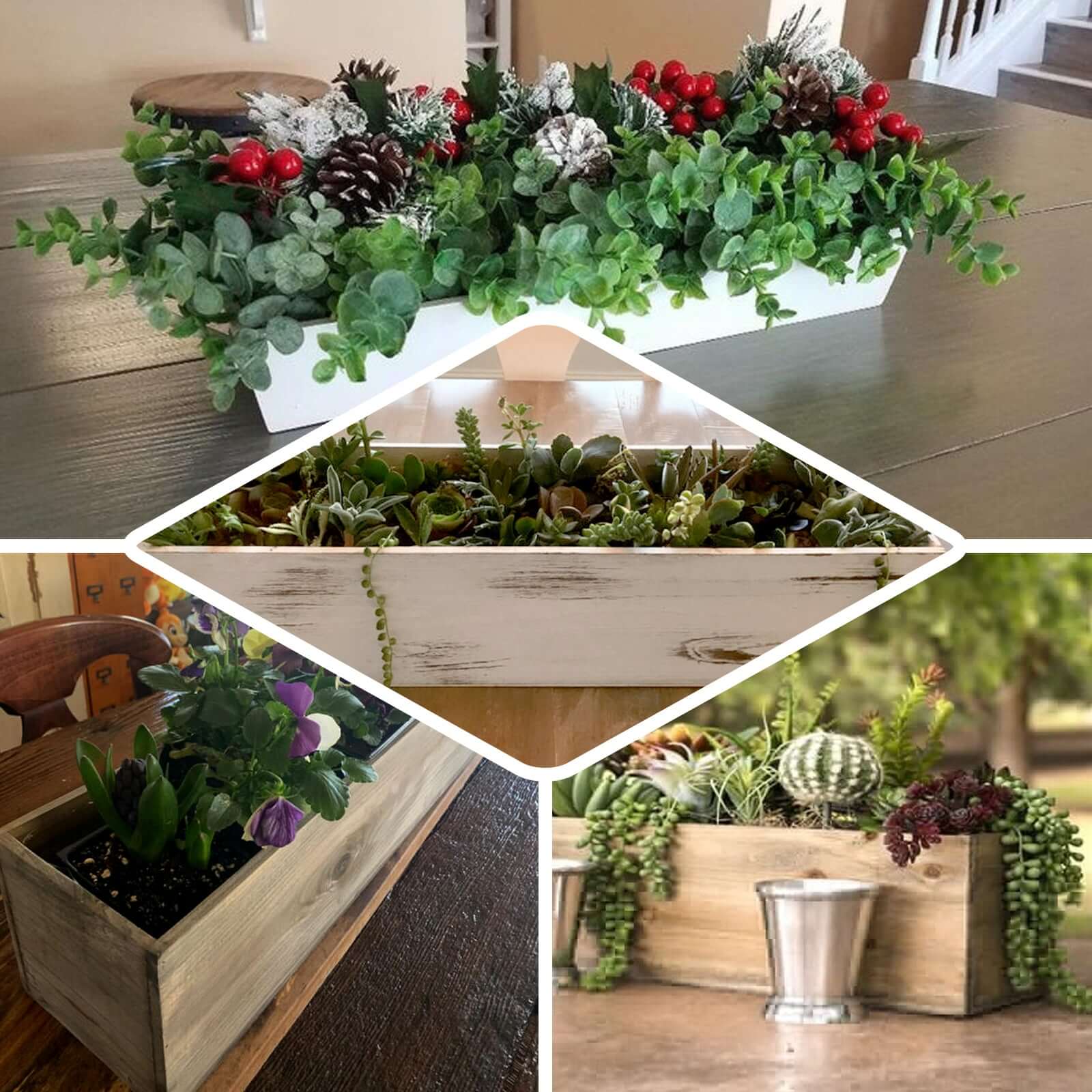 Natural Rectangular Wood Planter Box Set With Removable Plastic Liners 24