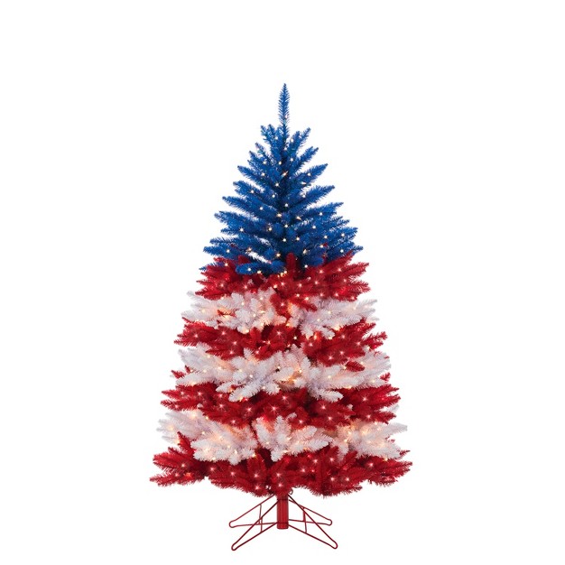 Sterling 5-foot Patriotic American Tree In Red， White And Blue With 495 Clear/red Lights And 5 Twinkle Lights On Top Section