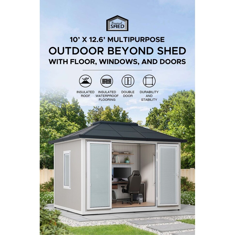 Sunjoy Outdoor Beyond Shed  Backyard Office  Multipurpose Outdoor Room  Home Gym with Floor  2 Windows  and Lockable Doors