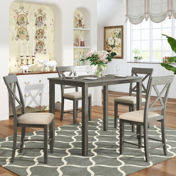 Wood 5Pcs Counter Height Dining Table Set w/ 4 Upholstered Chairs