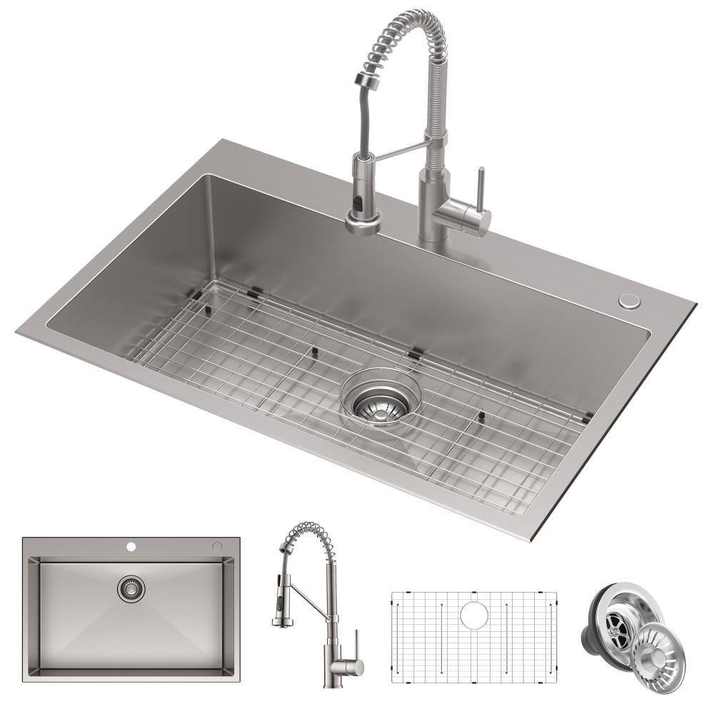 KRAUS Loften Stainless Steel 33in. Single Bowl Drop-in  Undermount Kitchen Sink with Stainless Steel Pull Down Faucet KCA-1102