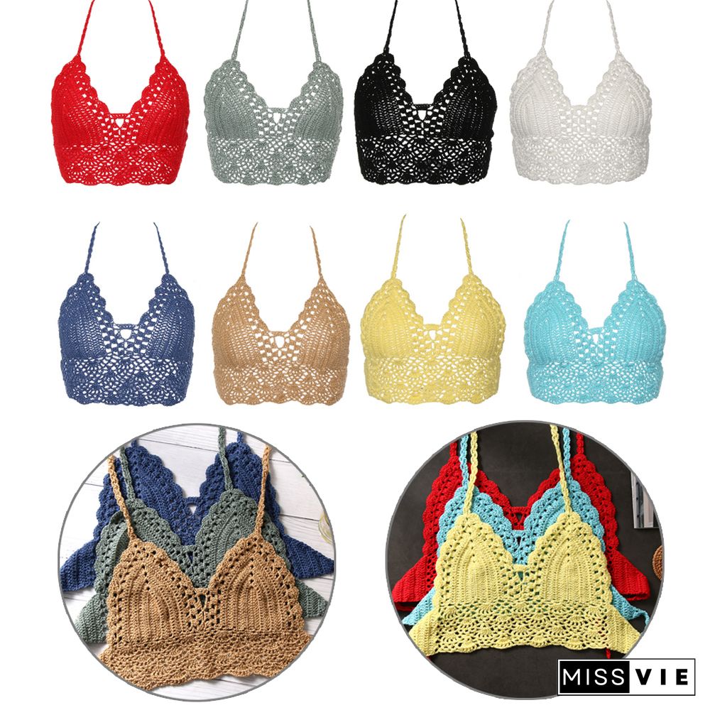 Summer Beach Crochet Bikini Tank Top Women Boho Sexy Backless Beachwear Camisoles Bikini Bralette Halter Cami Knitted Bra