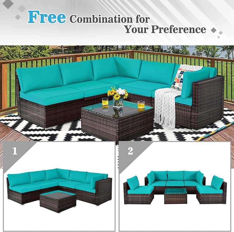 6 Pcs Rattan Patio Sectional Sofa Set Outdoor Conversation Furniture Set with Cushions & Glass Coffee Table