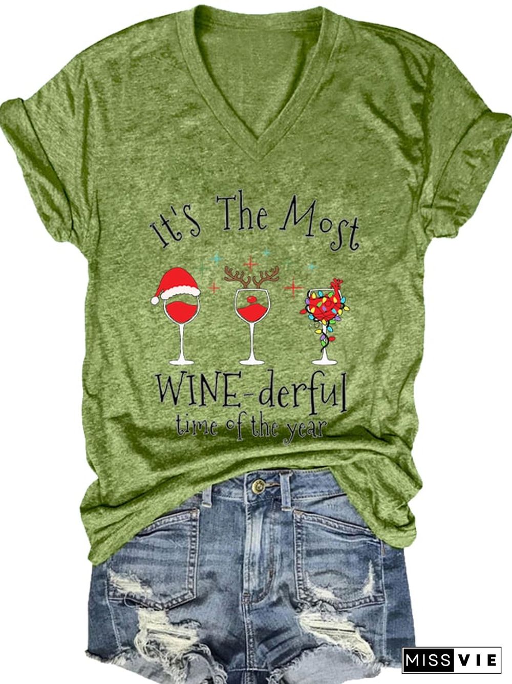 Women's Christmas It's The Most Wine-derful Time of The Year printed V-neck T-shirt