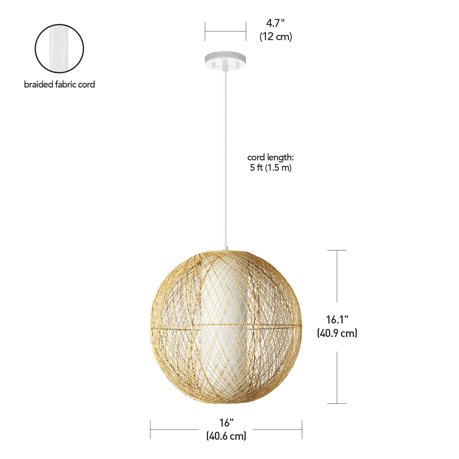 Globe Electric 1-Light Natural Rattan Pendant with White Inner Fabric Shade and Designer White Cloth Cord， Bulb Included， 61014