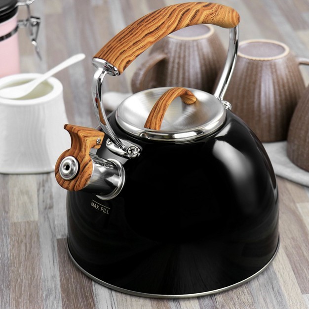 Mr Coffee 2 Quart Stainless Steel Whistling Tea Kettle With Wood Pattern Handle In Black