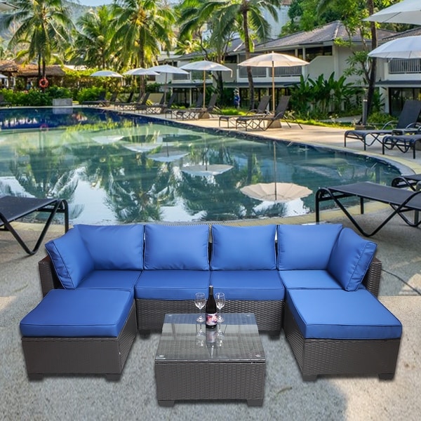 7Piece Rattan Sectional Sofa Set with Cushions and Table