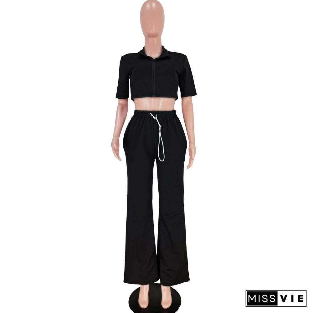 Zipper Short Sleeve Crop Top Wide Leg Pant Set