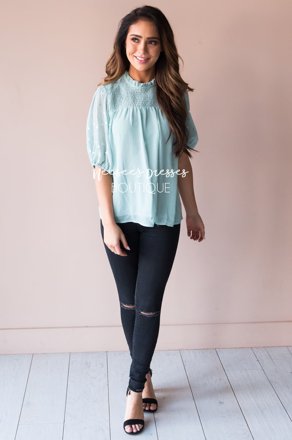 Mint Shimmer Smocked Modest Blouse