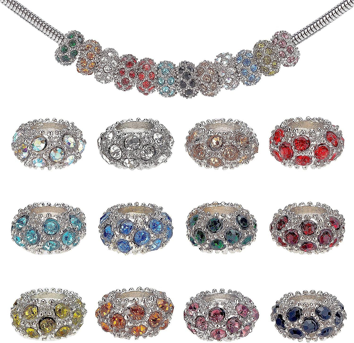 100pcs Rhinestone Large Hole European Beads， Platinum Mixed Color Crystal Rondelle Spacer Beads Fit European Snake Chain Charms Bracelet(11x6mm， Hole: