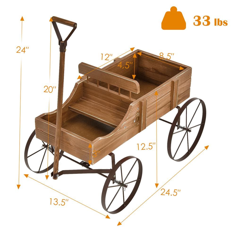 HONEY JOY Wooden Garden Flower Planter Wagon Wheel Plant Bed Decorative Garden Planter for Backyard Garden Brown TOPB004892