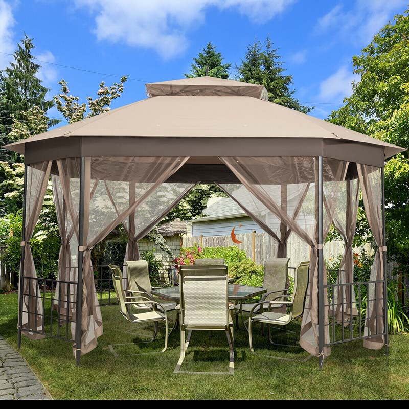 10 x 12 FT Heavy-Duty Octagonal Gazebo with Netting, Outdoor Patio Canopy Gazebo Tent for Event Party BBQ