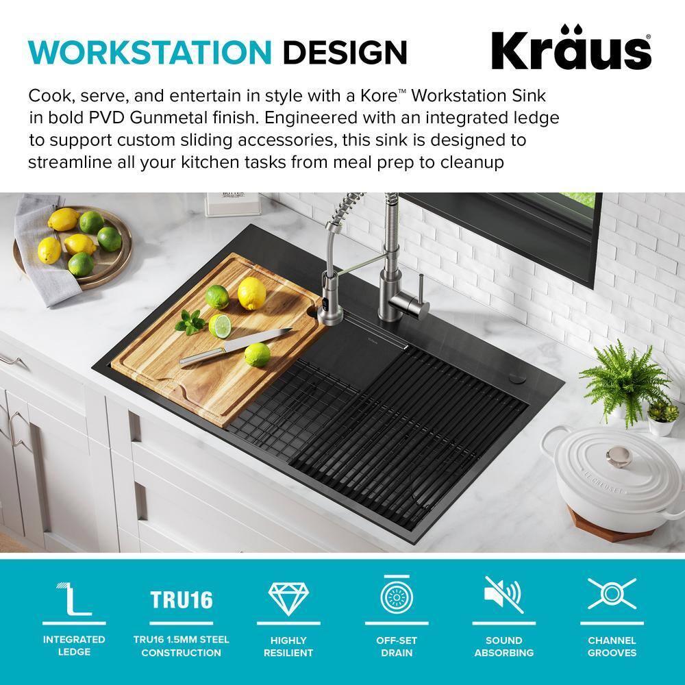 KRAUS Kore 16-Gauge Black Stainless Steel 33 in. Single Bowl Drop-In Workstation Kitchen Sink with Accessories KWT310-33PGM