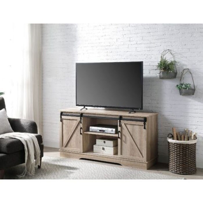 Industrial Wood TV Stand with Open Shelves  2 Sliding Doors and Cable Management Hole