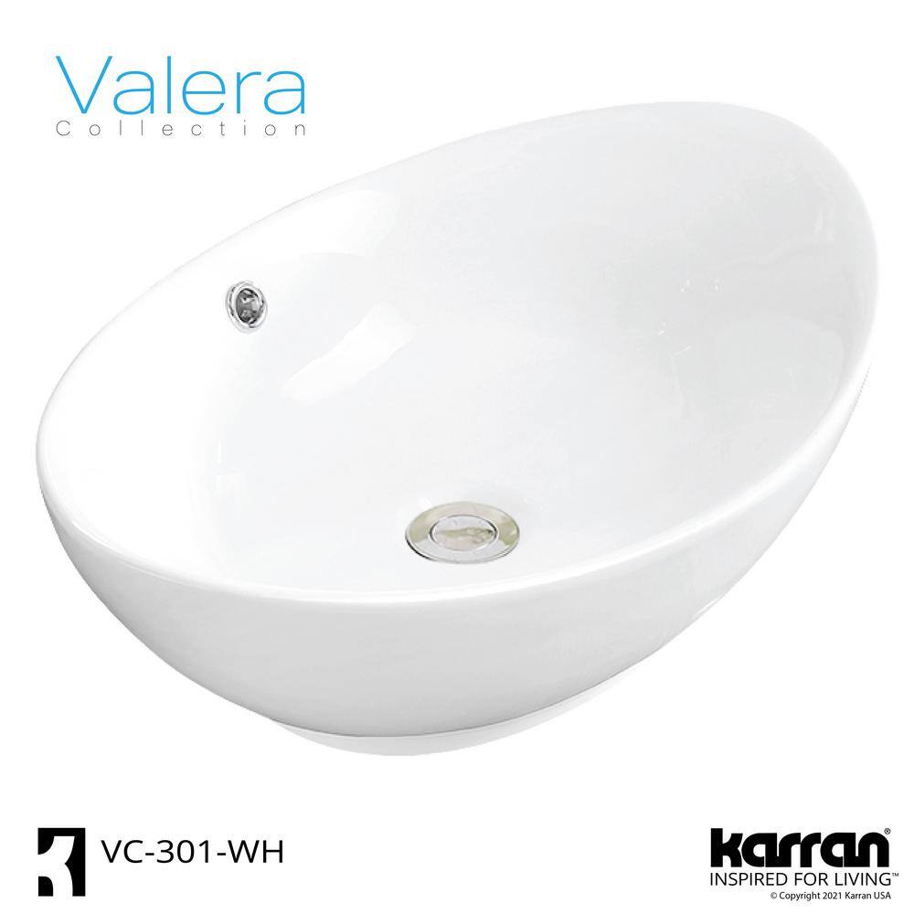 Karran Valera 23 in. Vitreous China Oval Vessel Bathroom Sink in White with Overflow Drain VC-301-WH