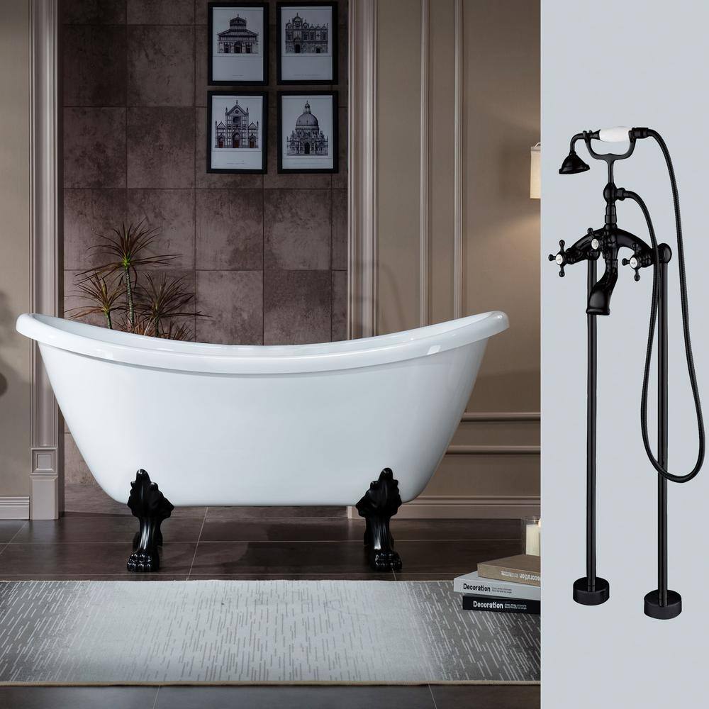 WOODBRIDGE Topeka 59 in. Heavy Duty Acrylic Slipper Clawfoot Bath Tub in White Faucet Claw Feet Drain  Overflow in Matte Black HBT7037