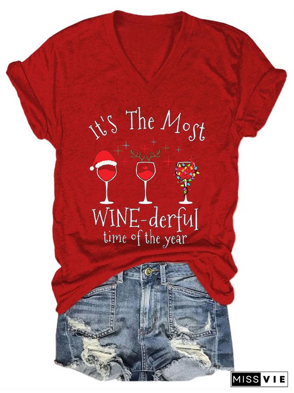 Women's Christmas It's The Most Wine-derful Time of The Year printed V-neck T-shirt