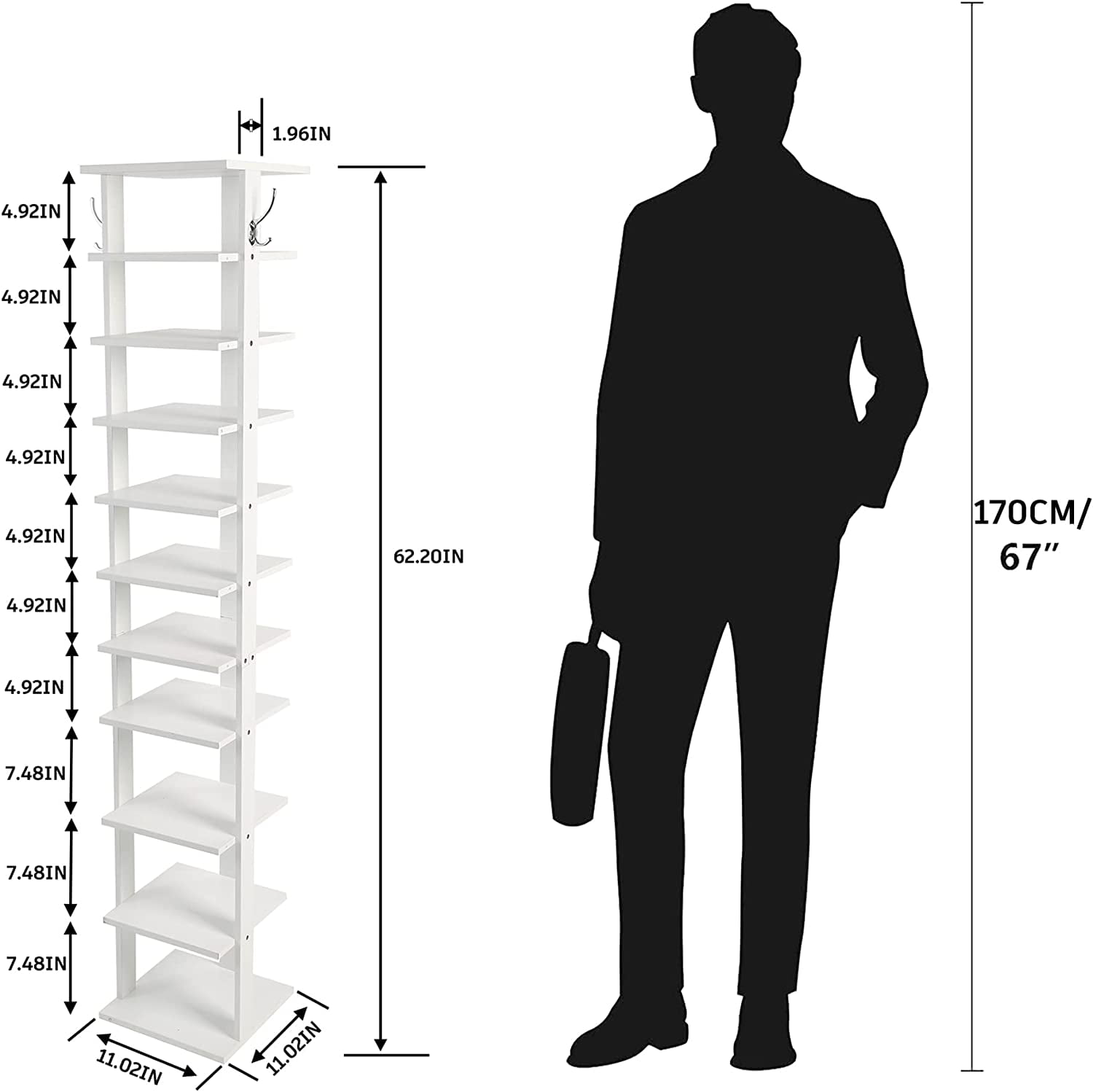 HOMEFORT 10-Tier Vertical Shoe Rack Corner Shoe Tower， Slim Shoe Organizer w/2 Hanging Hooks， Wooden Shoe Storage Stand for Entryway Hallway Closet， White