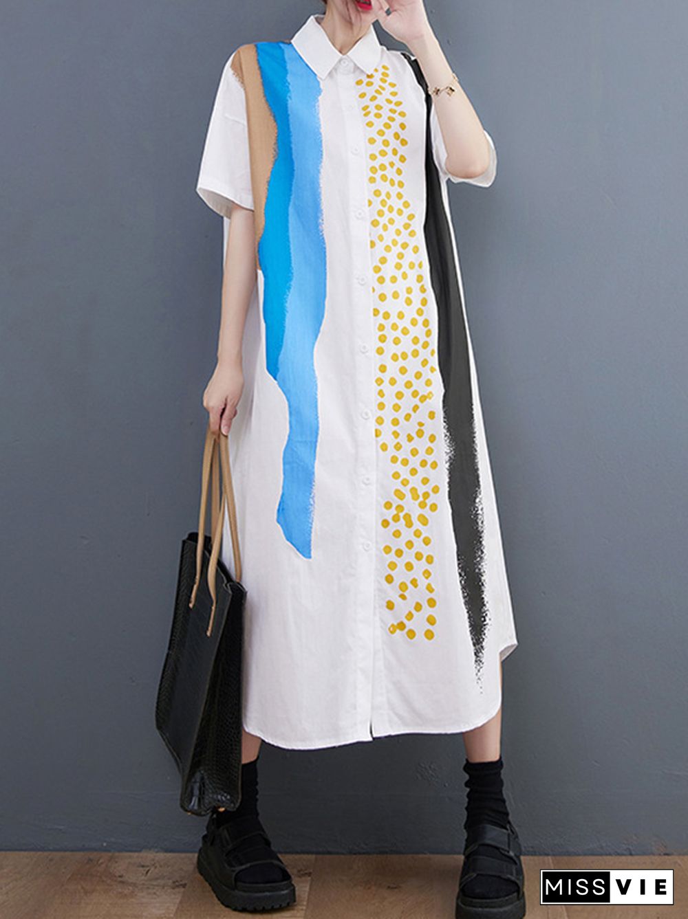 Artistic Retro Short Sleeves Loose Contrast Color Polka-Dot Lapel Collar Midi Shirt Dress