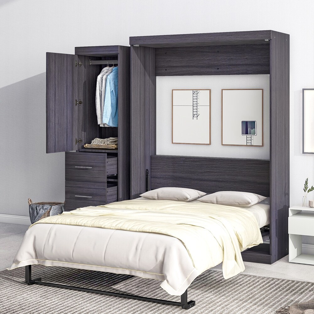 Murphy Bed with Wardrobe and 3 Storage Drawers  Pine Wood Multifunctional Storage Wall Bed  Can be Folded into A Cabinet