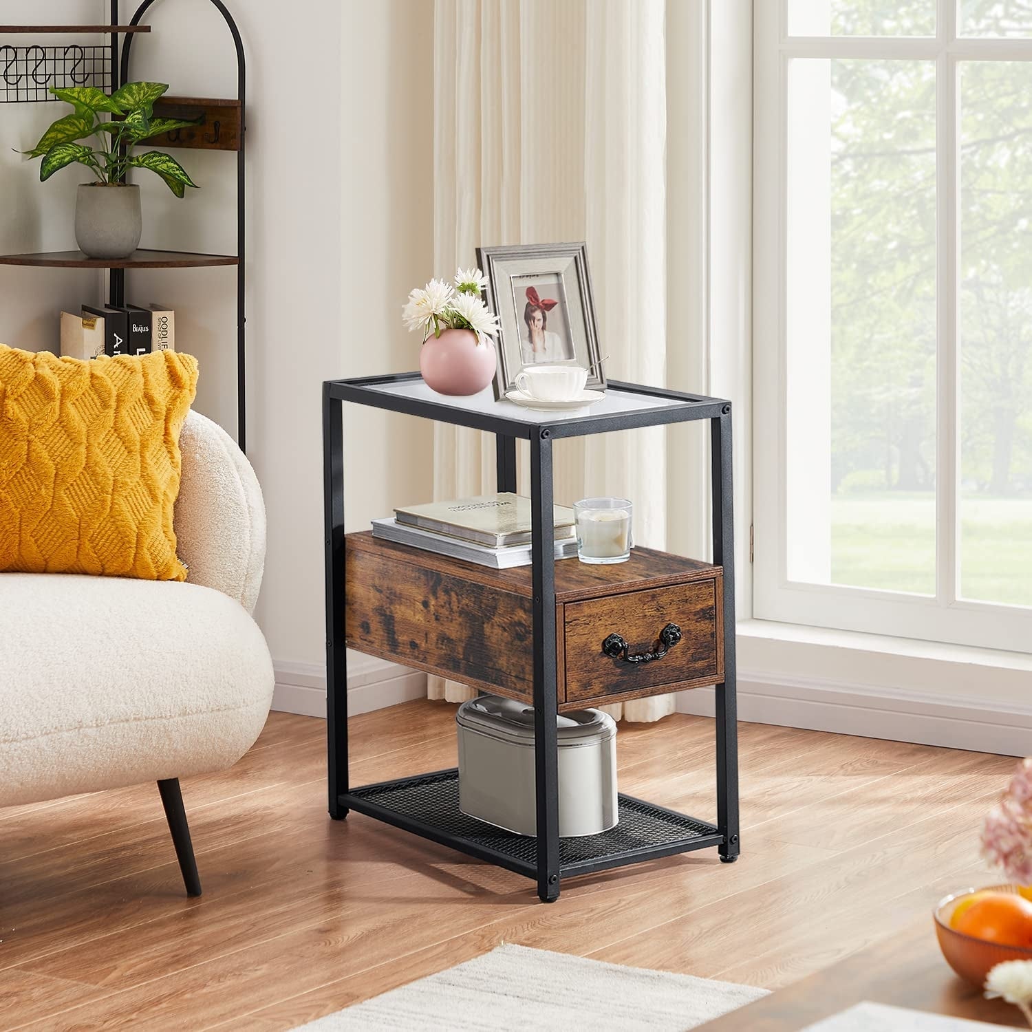 Modern Narrow Tempered Glass End Side Table/Tall Nightstand with Drawer and Shelf