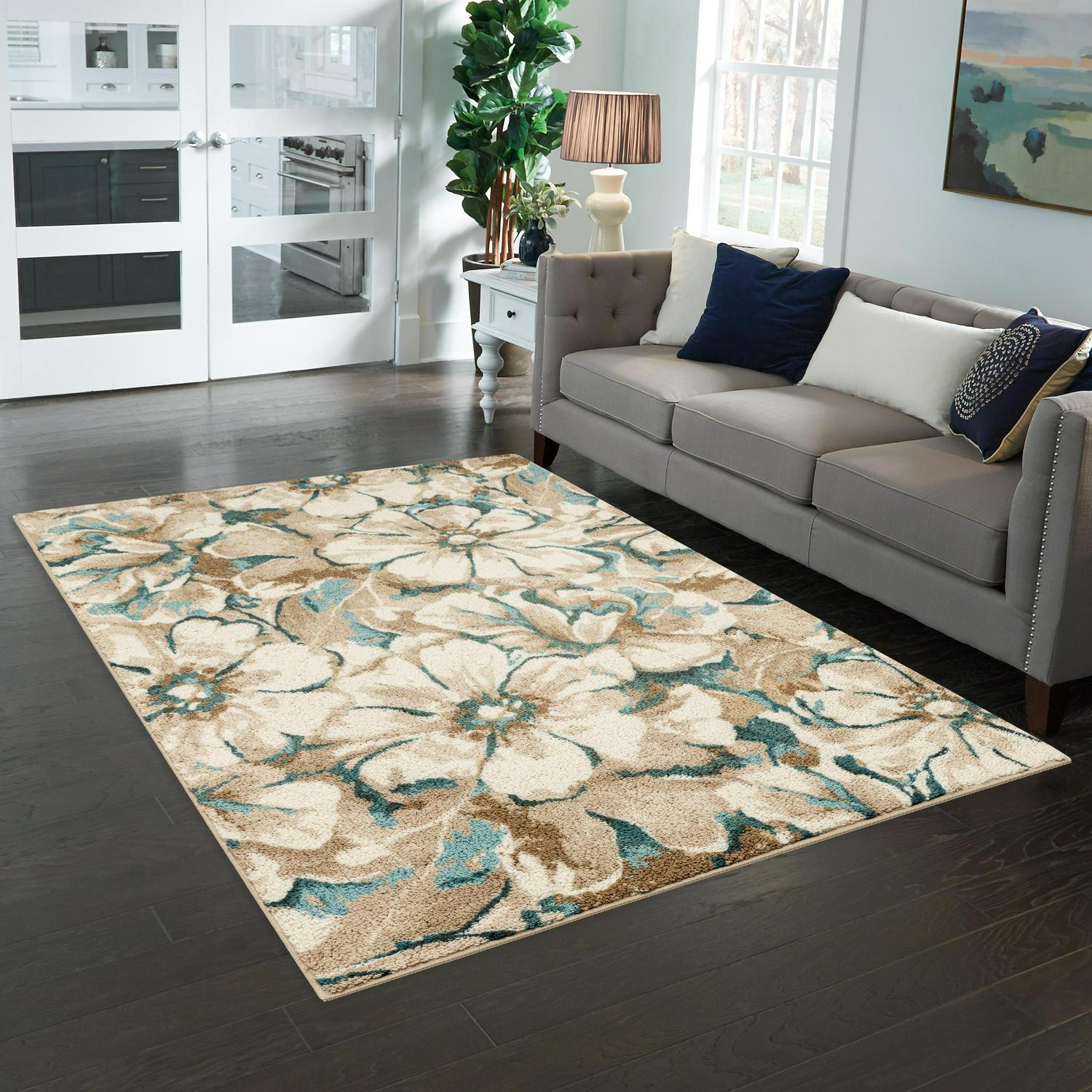 Mainstays Farmhouse Oversized Teal Brown Floral Print Area Rug， 5x7and#8242;