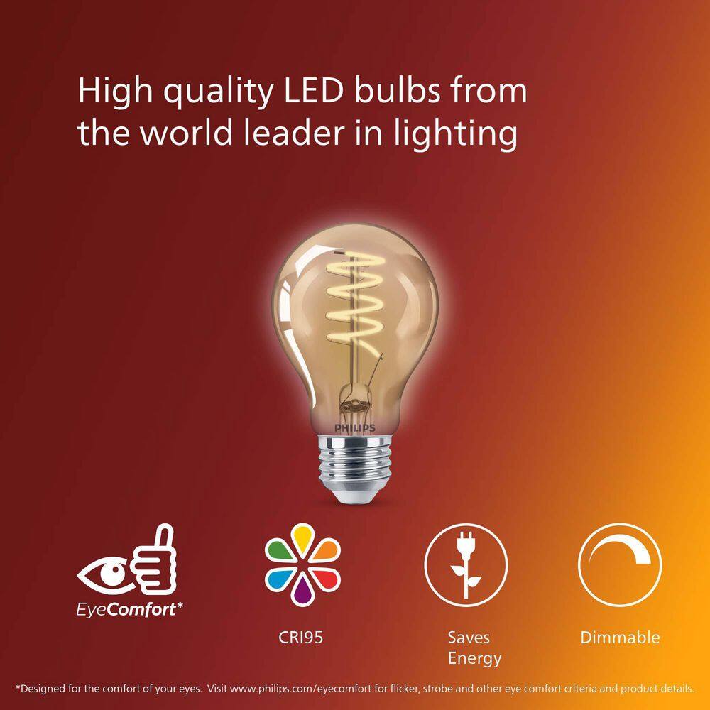 Philips 60-Watt Equivalent A19 Spiral Filament E26 Base LED Vintage Edison LED Light Bulb 2000K Amber (1-Pack) 565796