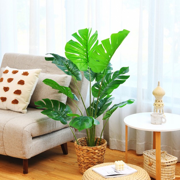 Costway 4ft Artificial Monstera Deliciosa Plant Palm Tree W Cement filled Pot Indoor Outdoor