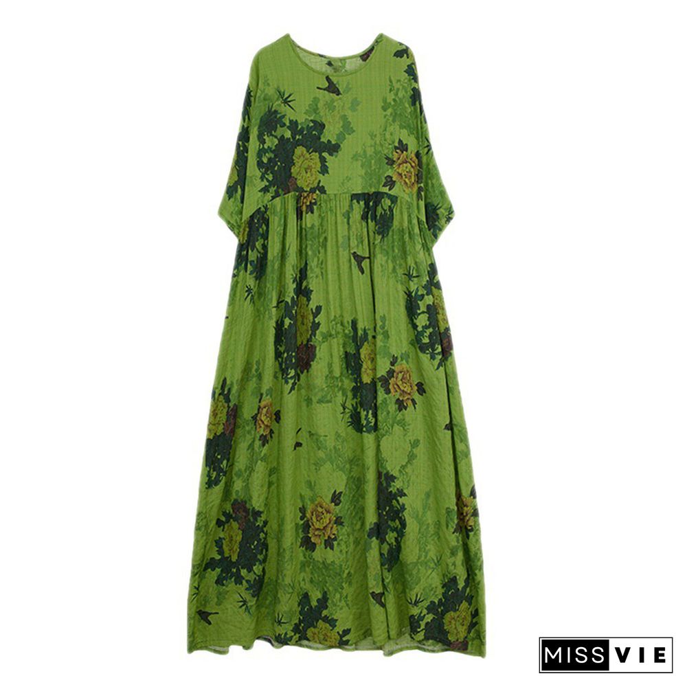 Vintage Floral Print Pocket Loose Linen Dress