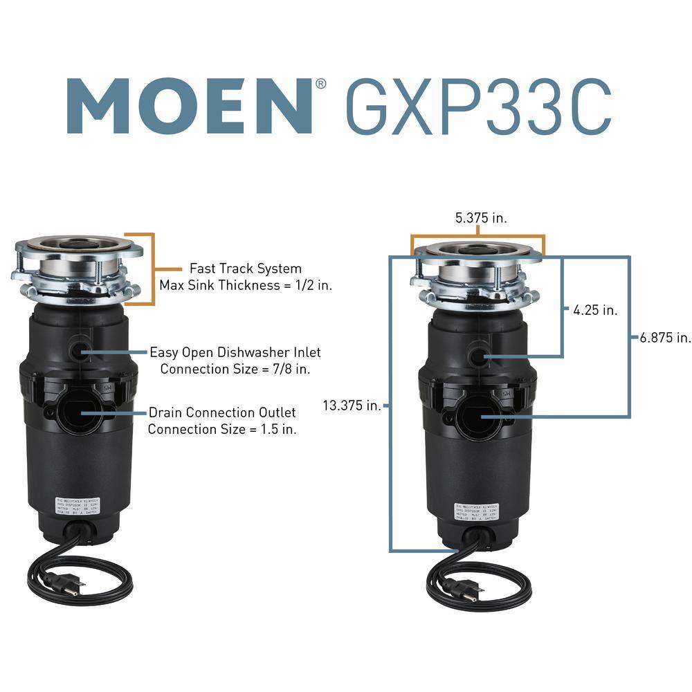 MOEN Lite Series 13 HP Continuous Feed Garbage Disposal with Power Cord and Universal Mount GXP33C