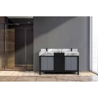 Lexora Zilara 60 in W x 22 in D Black and Grey Double Bath Vanity Castle Grey Marble Top and Matte Black Faucet Set LZ342260DLISFCM