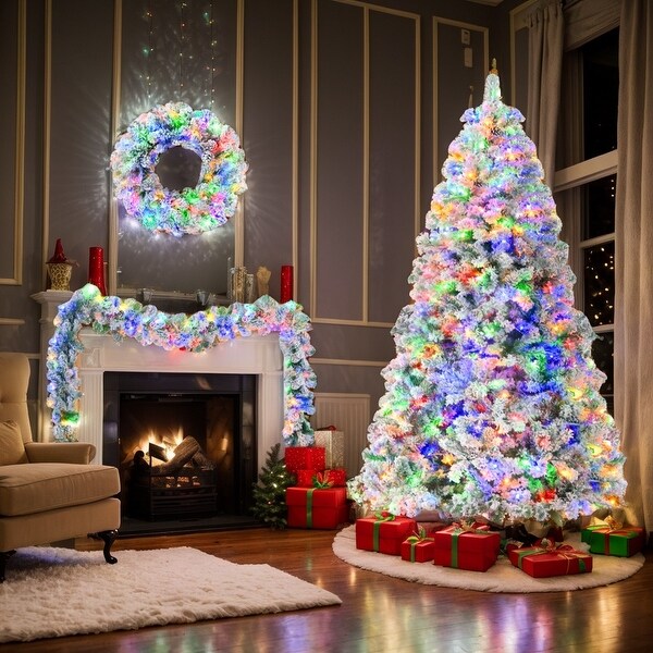 6FT PreLit Flocked Christmas Tree Set，Xmas Tree，Garland and Wreath，Artificial Hinged Xmas Tree with Colorful LED Lights