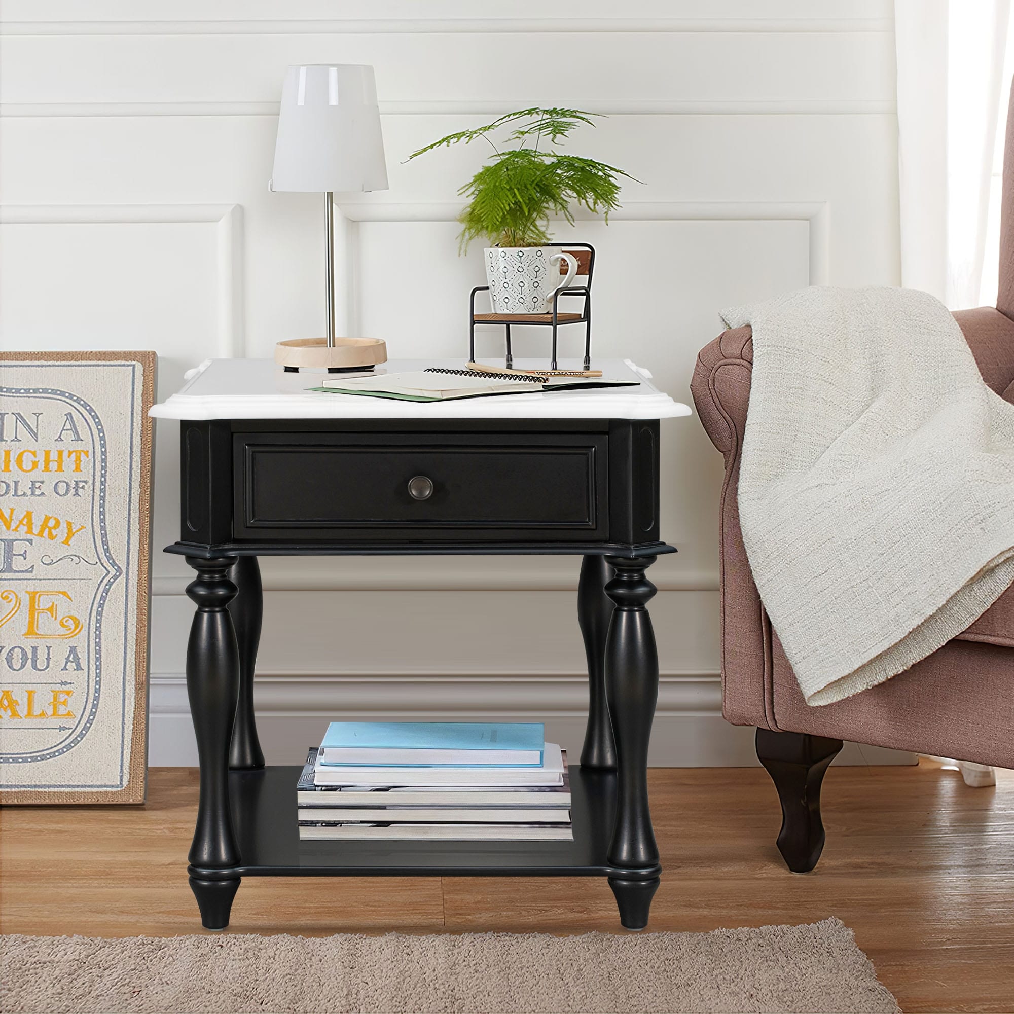 Classic Two-Tone End Table with Open Shelf and Storage Drawer