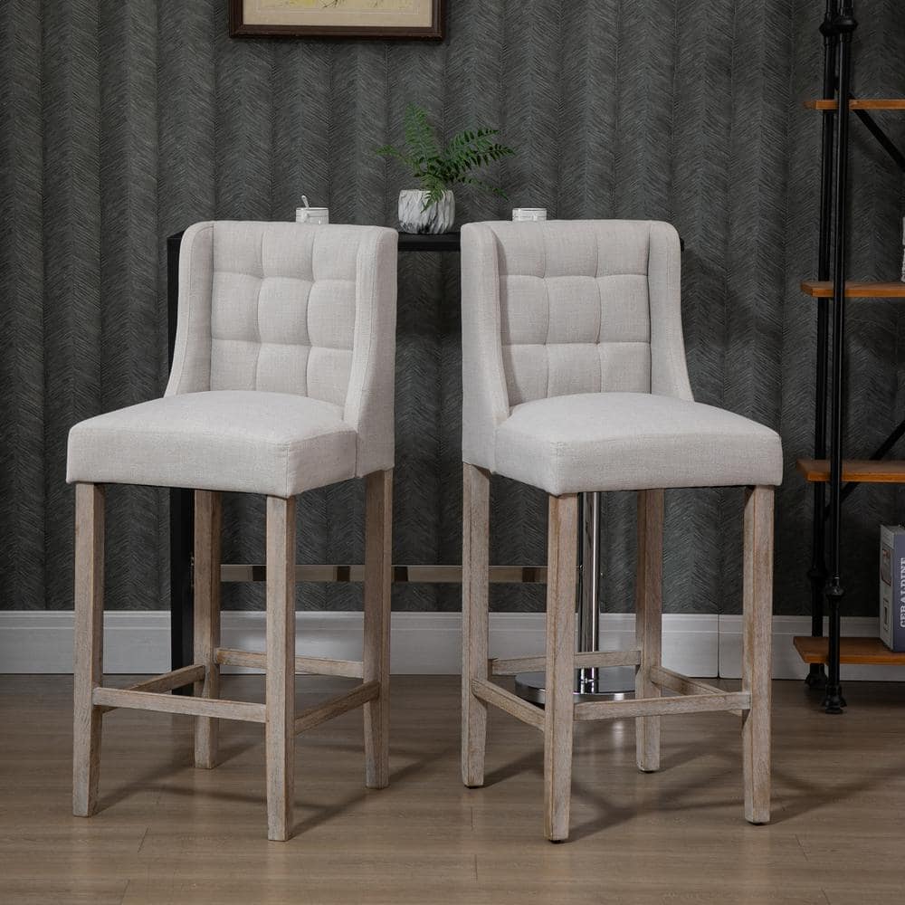 HOMCOM 41.75 in. Cream White Low Back Metal Foot Rest Bar Height Bar Stool with Tufted Upholstered Pub Seat (Set of 2) 835-485V01CW