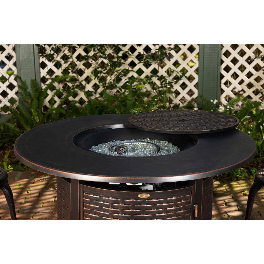 Fire Sense Florence 44 in. x 24 in. Round Aluminum Propane Fire Pit Table in Antique Bronze with Vinyl Cover 62373