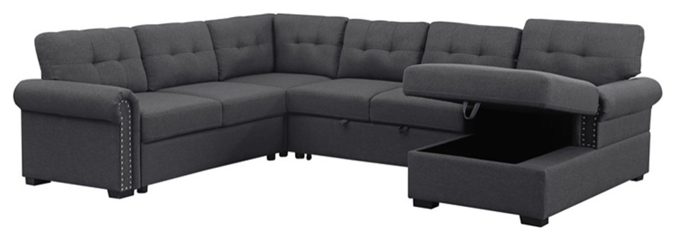 Alexent Classic Sectional Sleeper Sofa w Storage Chaise Lounge  Dark Grey   Transitional   Sleeper Sofas   by Homesquare  Houzz