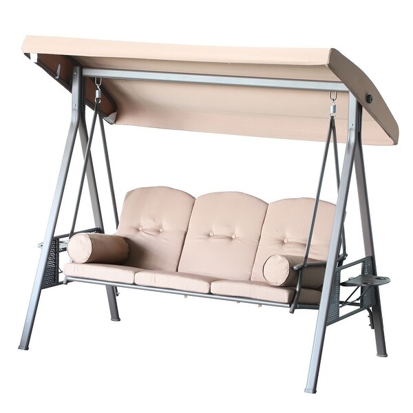 Outsunny Outdoor Patio 3Person Canopy Cushioned Seat Bench Swing with Included Side Trays and Padded Comfort