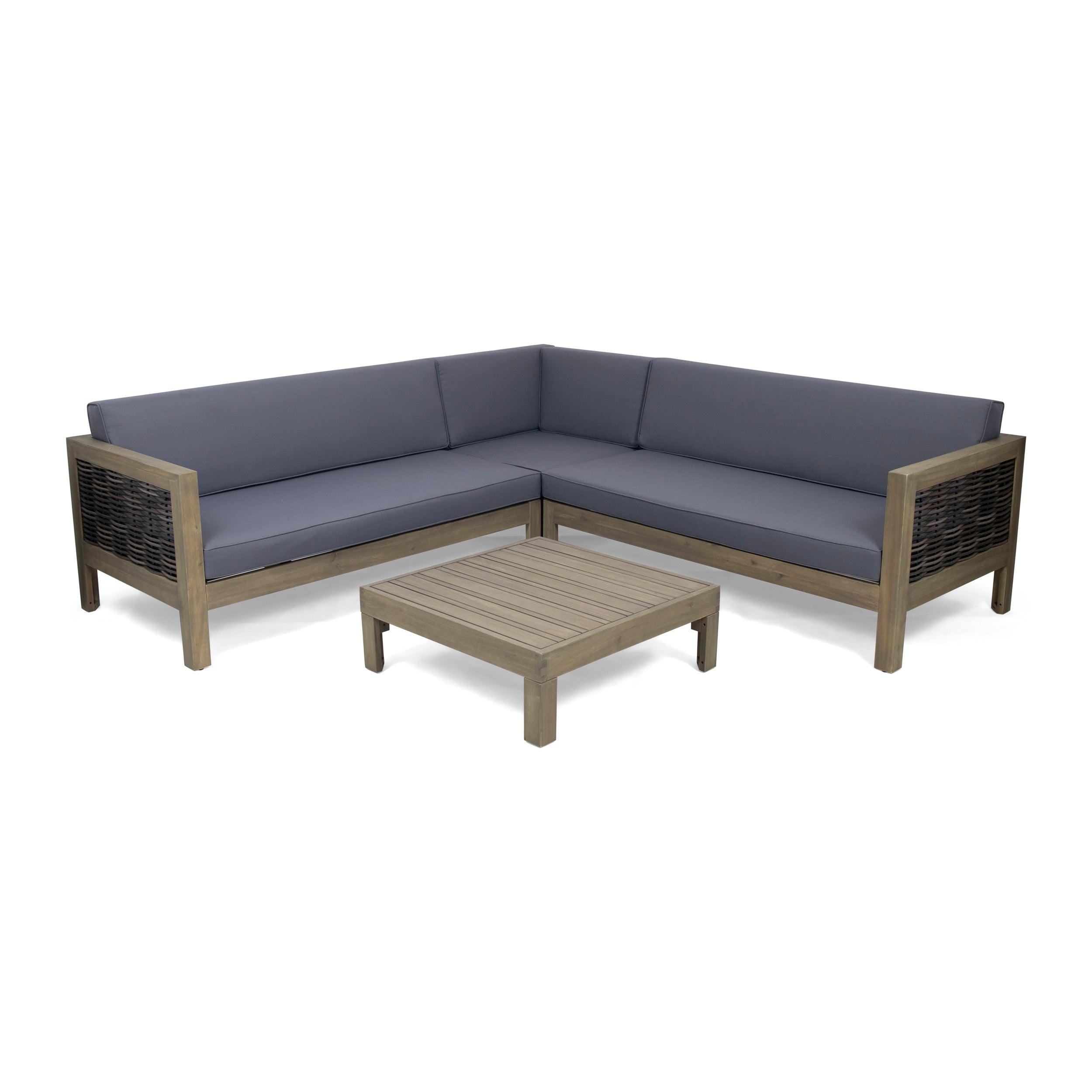 Elizabeth Outdoor Wood and Wicker 5 Seater Sectional Sofa and Coffee Table Set