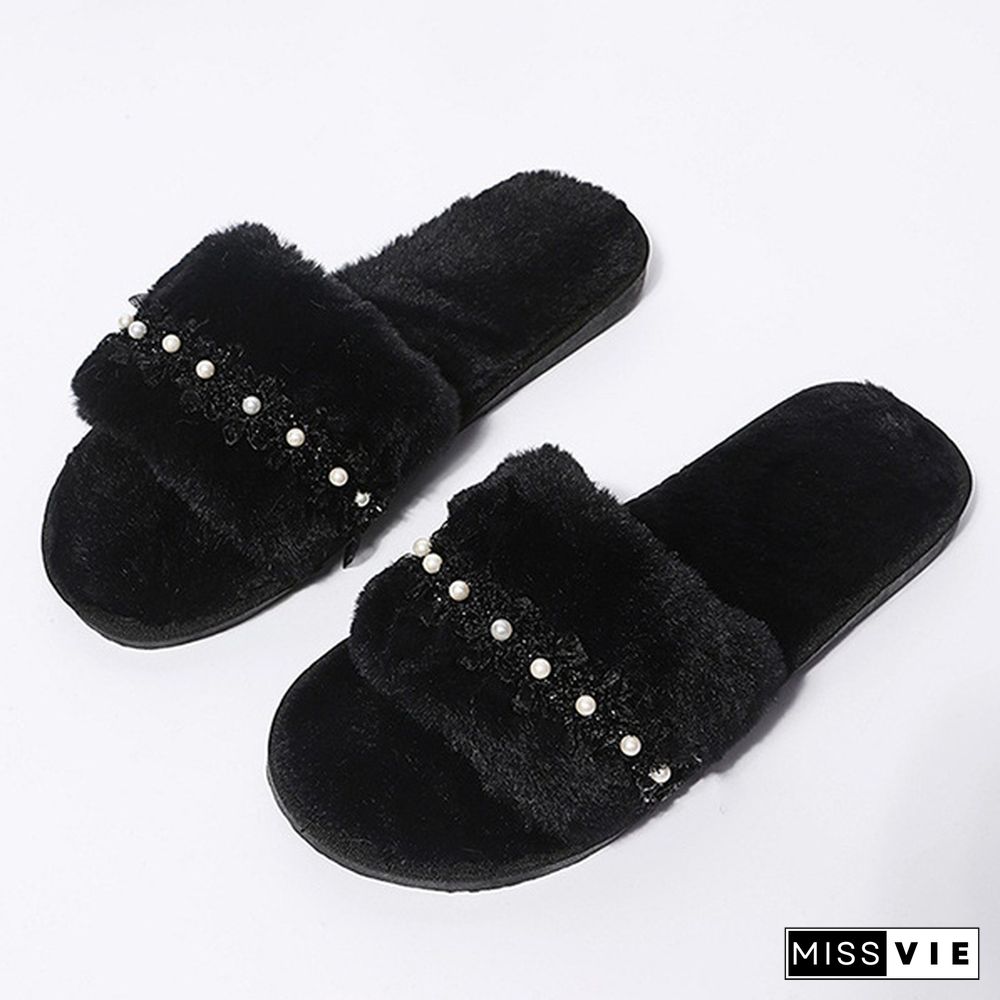 Autumn And Winter Home Furry Pearl Chain Slippers Fashion Flat Women's Cotton Slippers Open-Toe