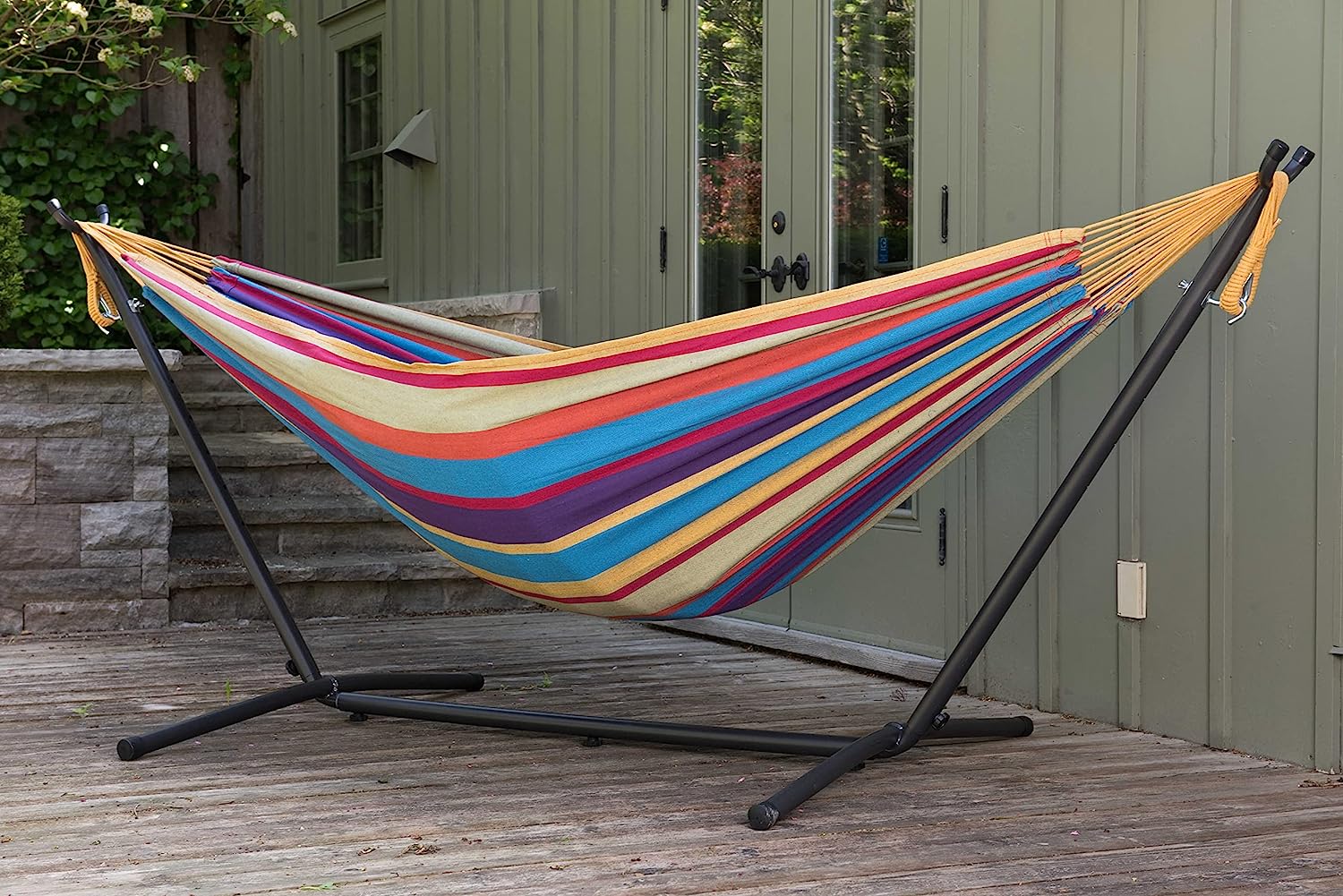 Double Cotton Hammock with Space Saving Steel Stand, Tropical (450 lb Capacity - Premium Carry Bag Included)